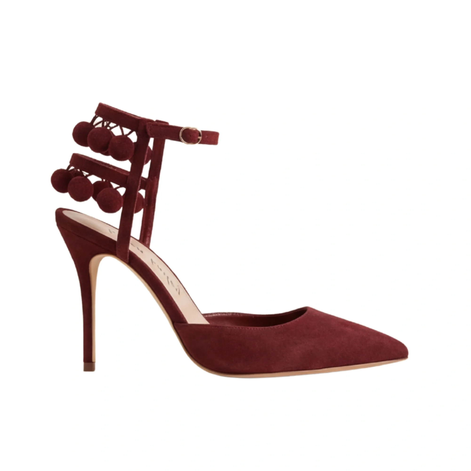 Bordeaux Suede Pom-Pom Ankle-Strap Pumps