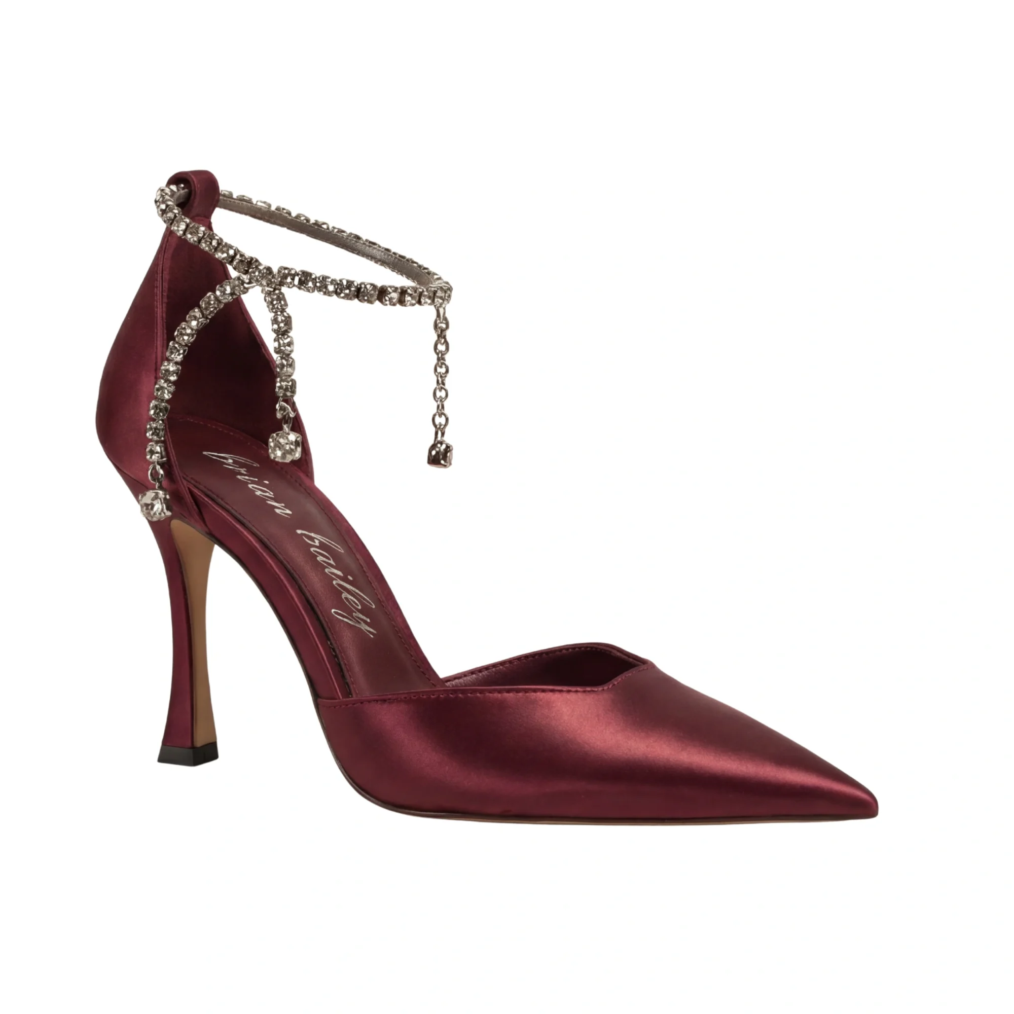 Bordeaux Satin Jeweled Ankle-Strap Pumps