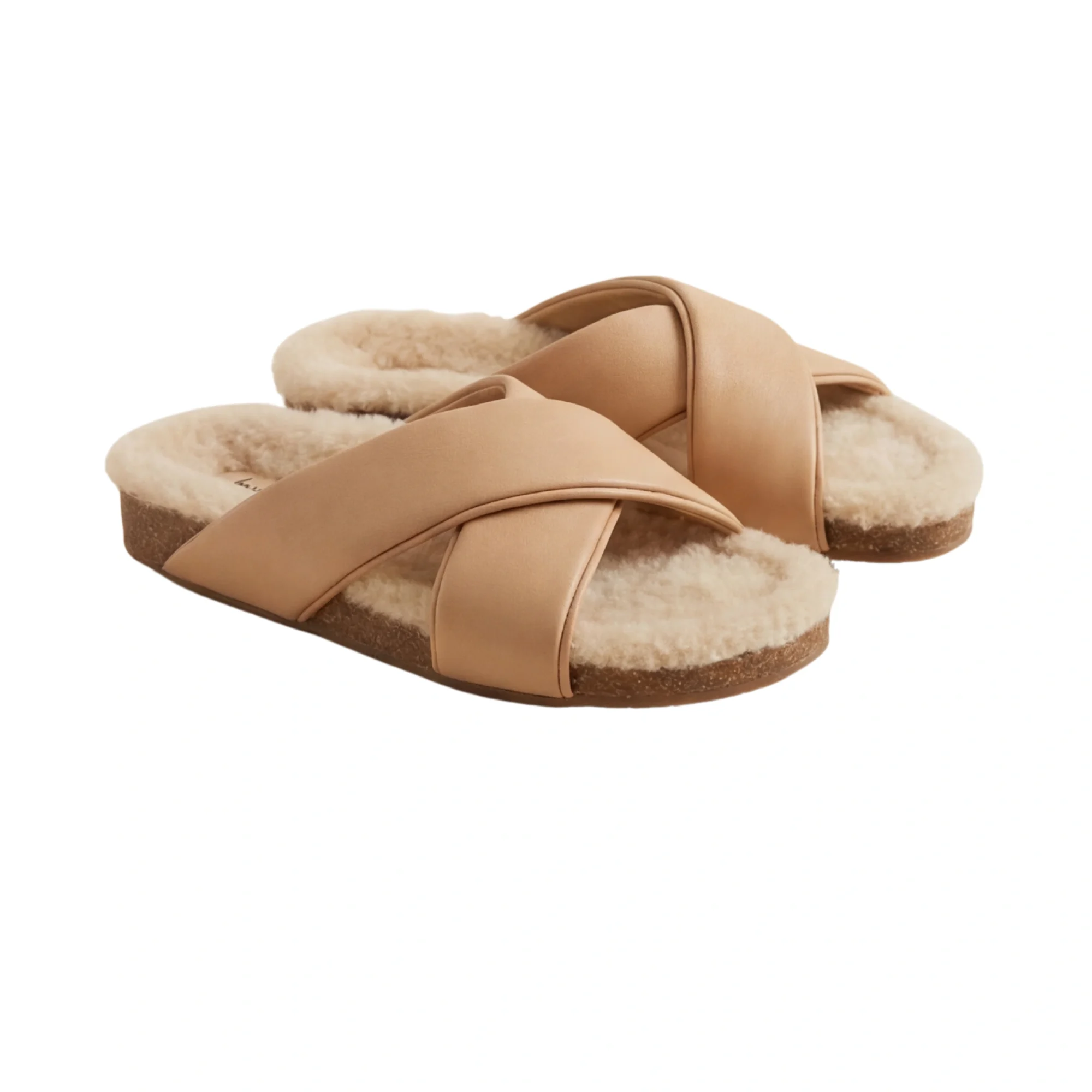 Tan Shearling Cross-Strap Slides