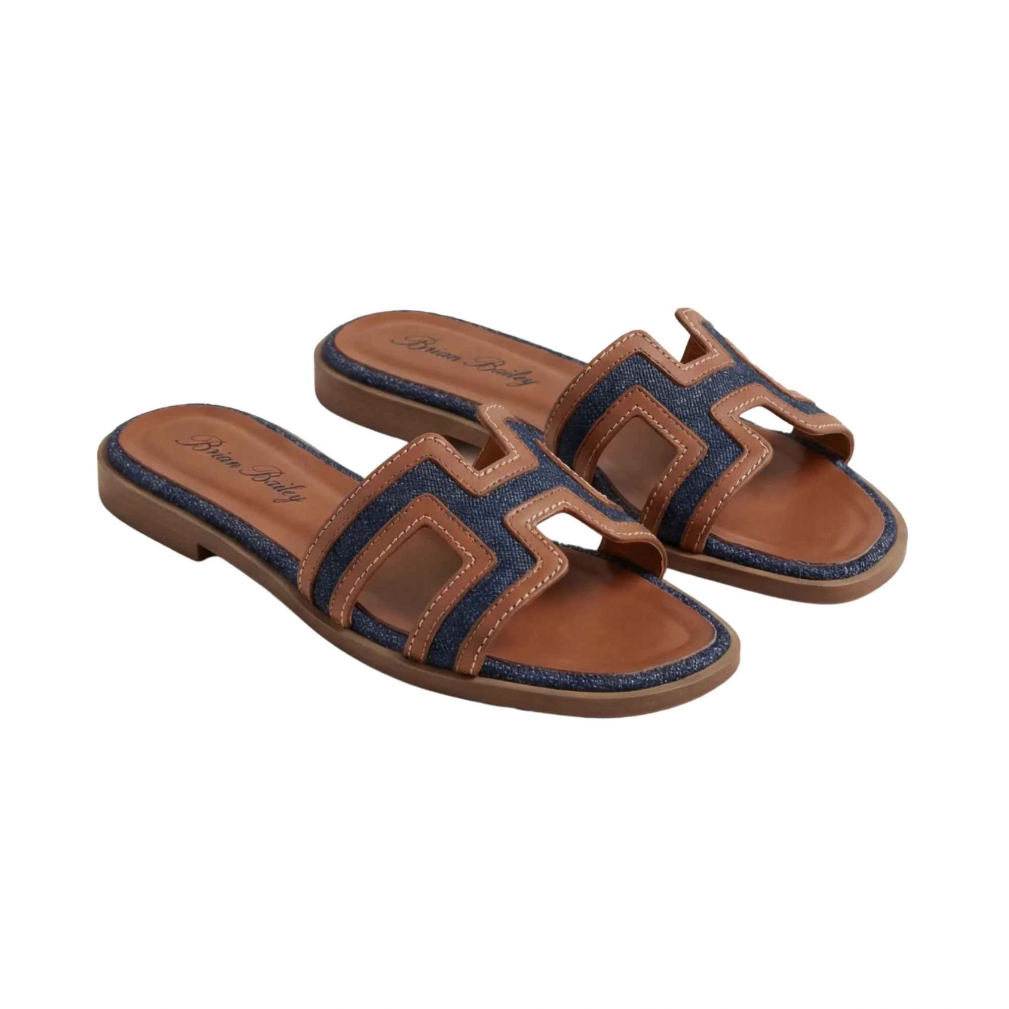 Premium Brown & Navy Denim Slide Sandals – Stylish Open-Toe Casual Footwear