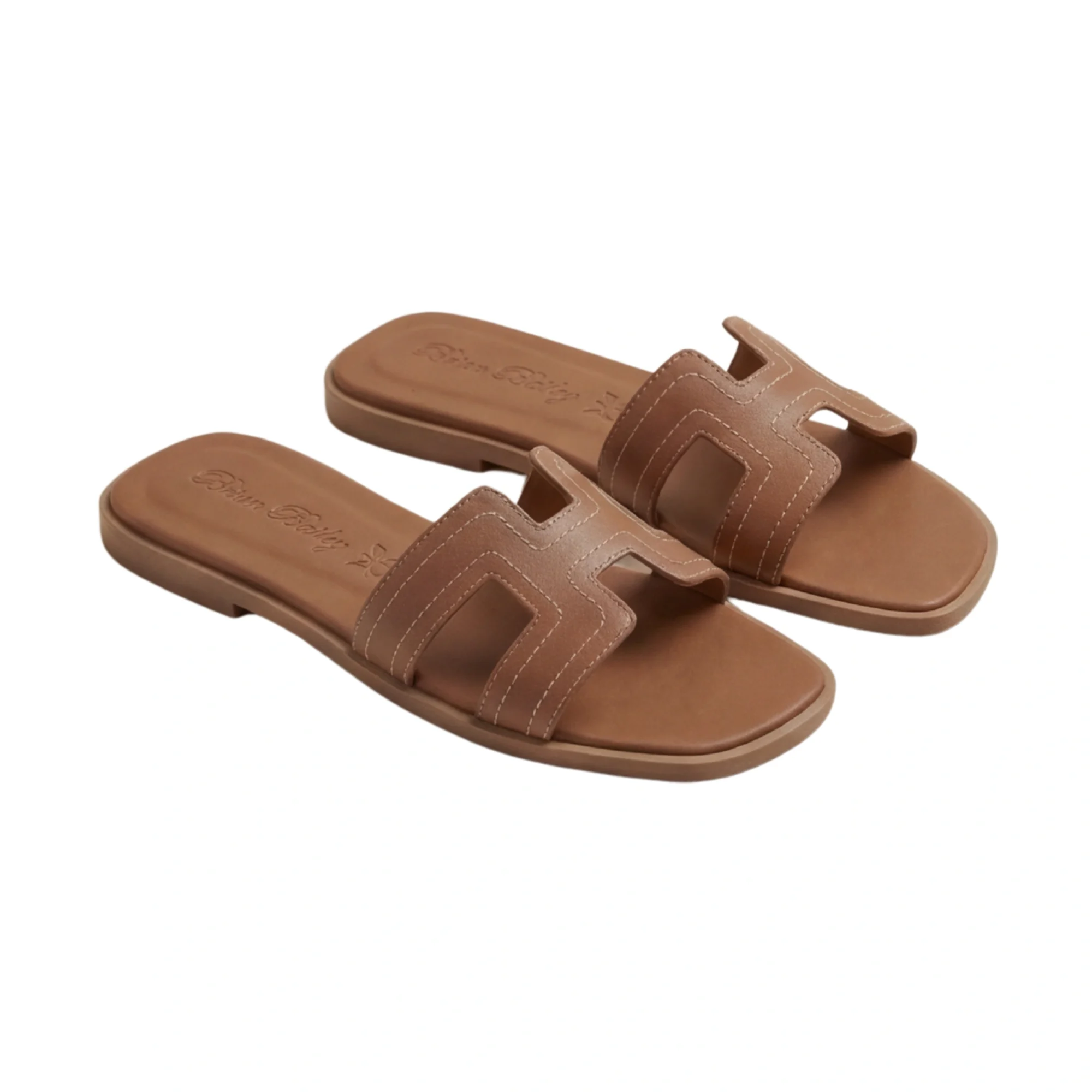 Brian Bailey Tonal Tan Leather H Strap Slide Sandals