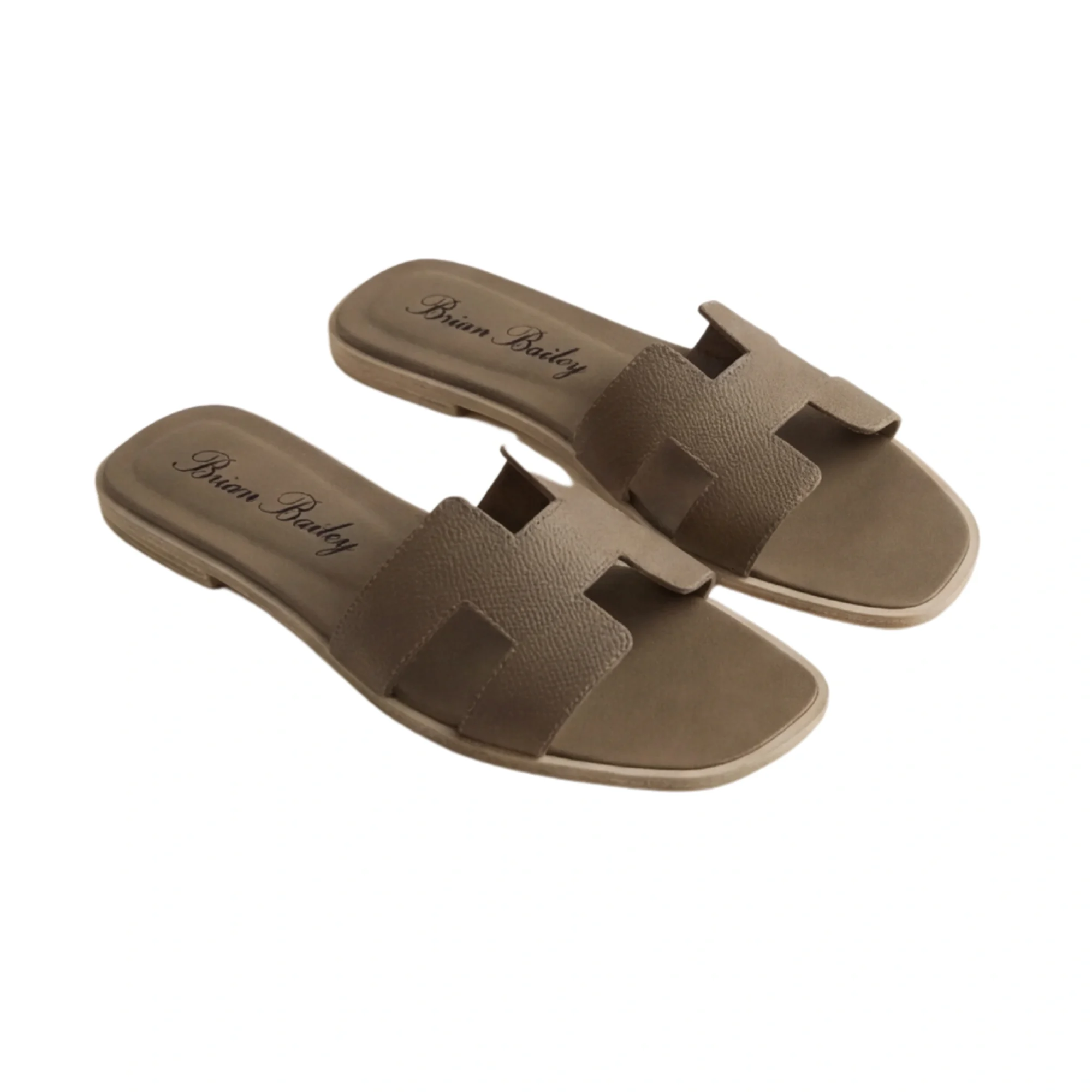 Brian Bailey Taupe Pebbled Leather H Strap Flat Slides