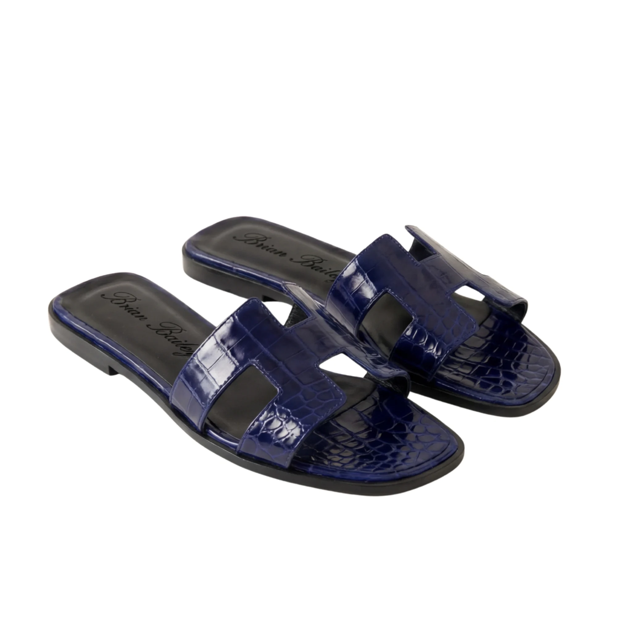 Brian Bailey Midnight Navy Croc-Embossed H Strap Slides