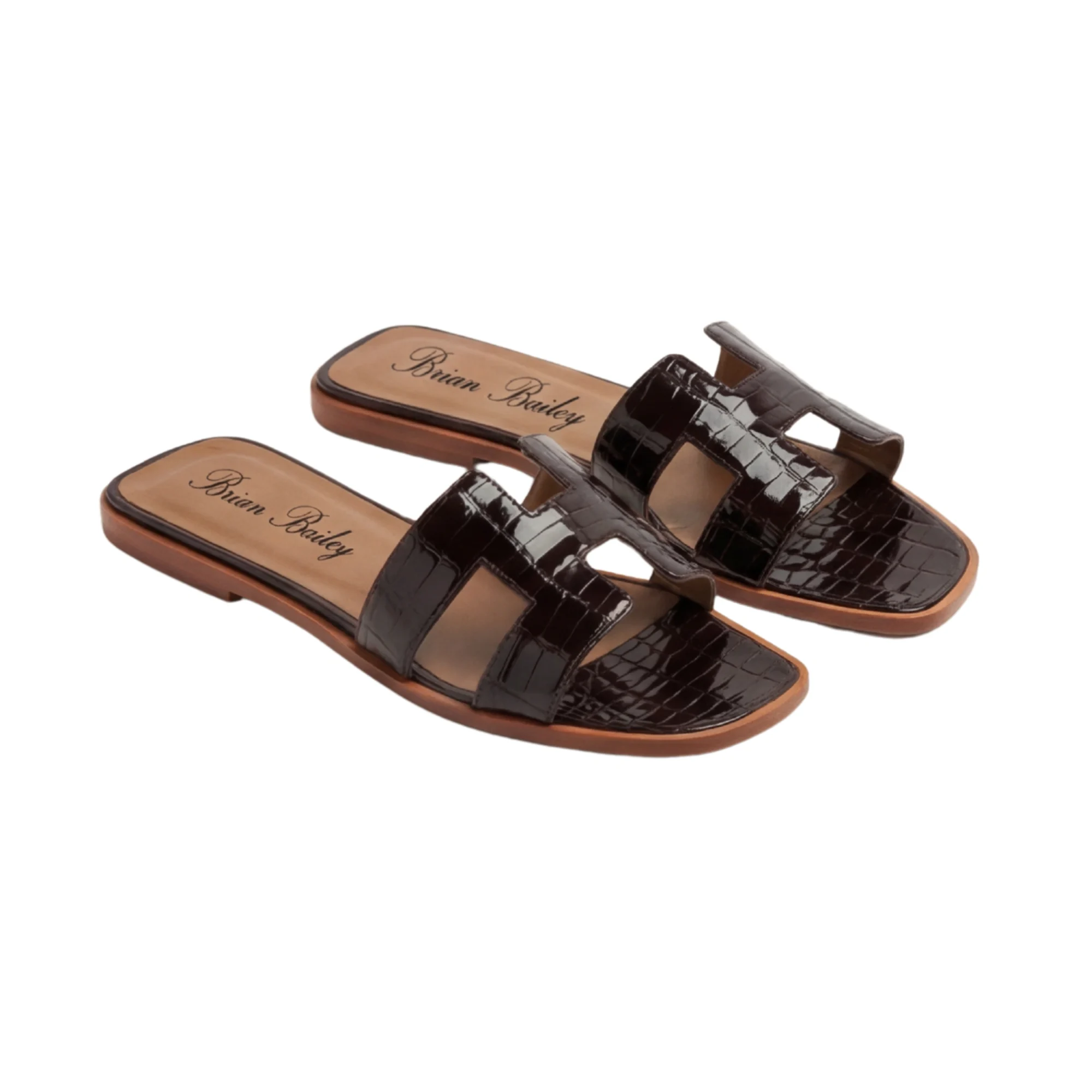 Brian Bailey Croc-Embossed Patent Leather H Strap Slides