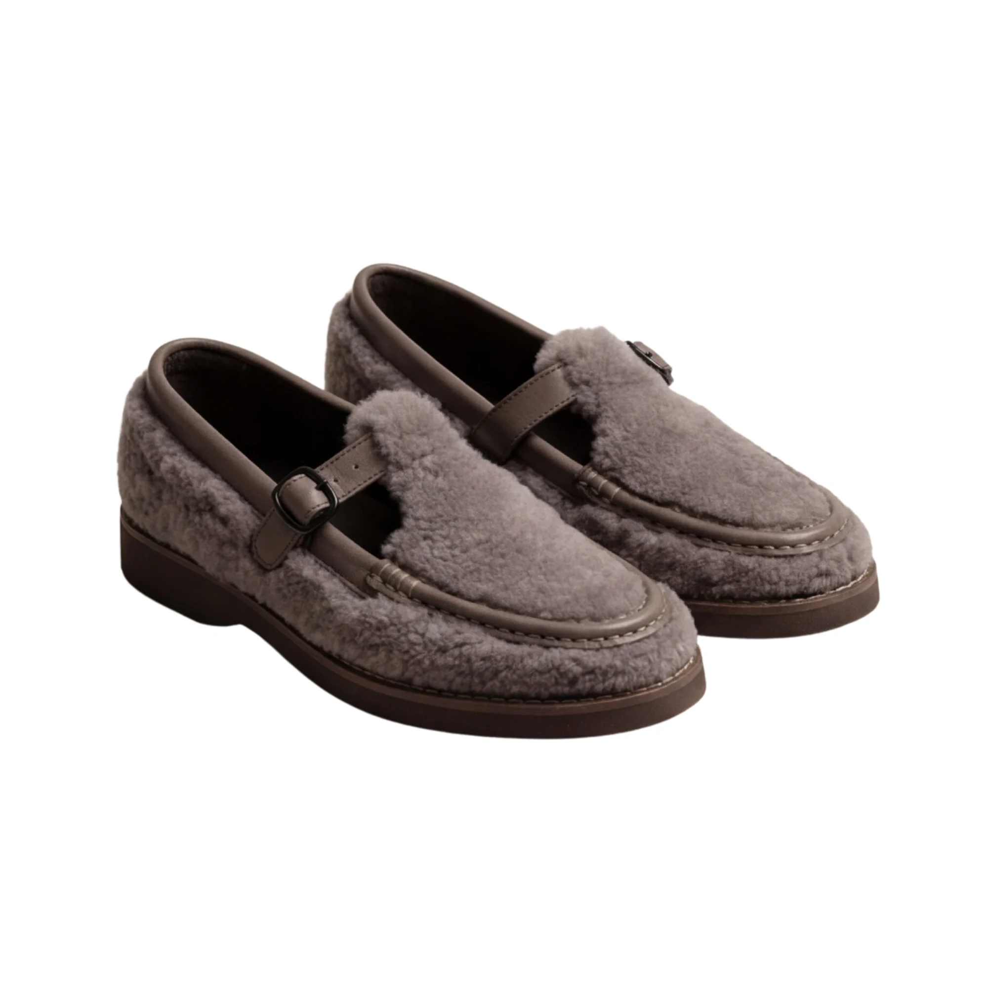 Plush Taupe Faux-Fur Buckled Loafers