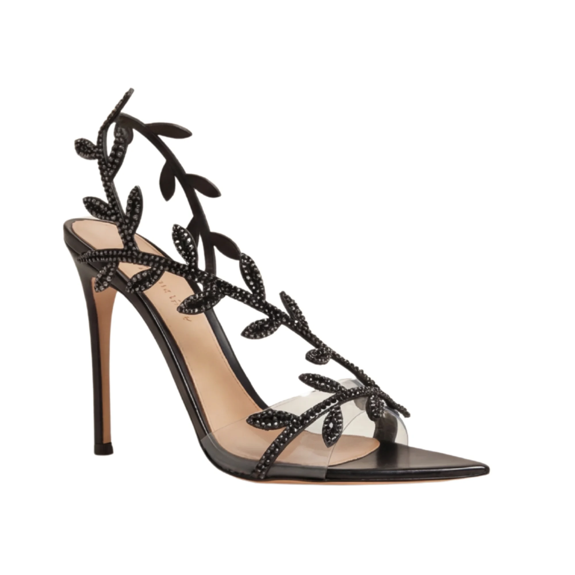 Midnight Obsidian Leaf-Embellished Stiletto Pumps